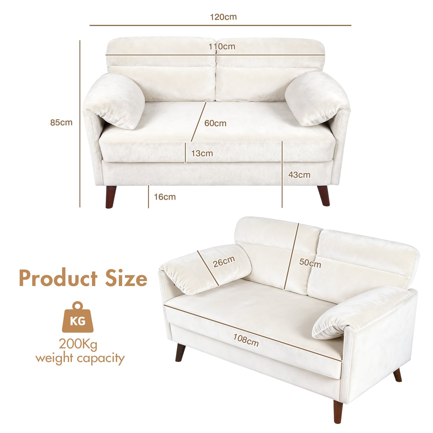 Advwin 2-Seater Velvet Fabric Loveseat Sofa 120cm