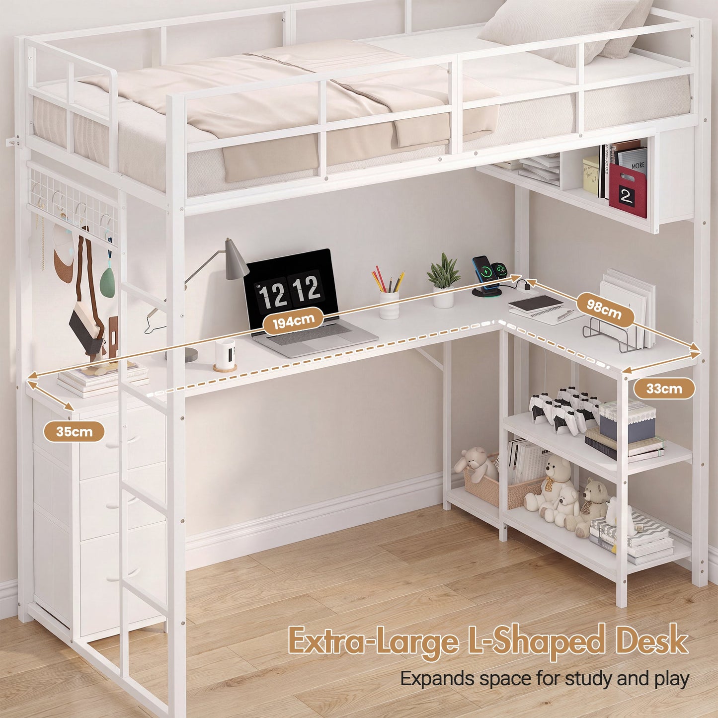 Advwin LED Loft Bed Frame w/ L-Shaped Desk & Charging Station