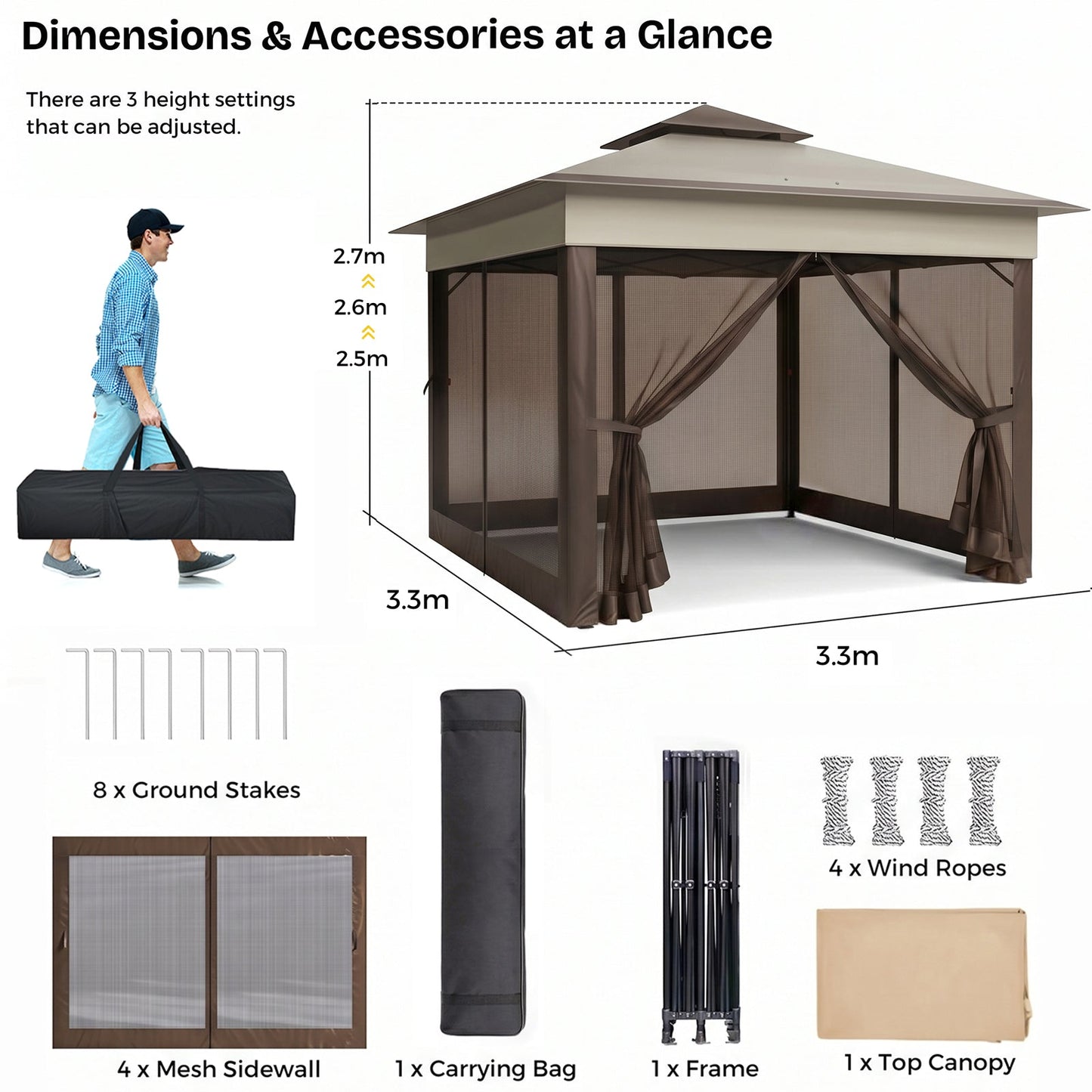 Advwin 3.3x3.3m Double Roof Gazebo Marquee with Mesh Panels