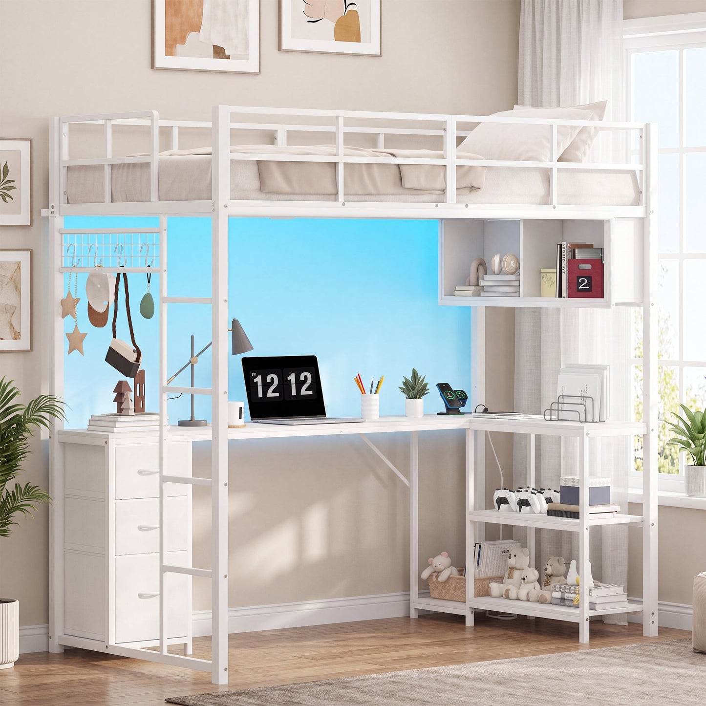 Advwin LED Loft Bed Frame w/ L-Shaped Desk & Charging Station