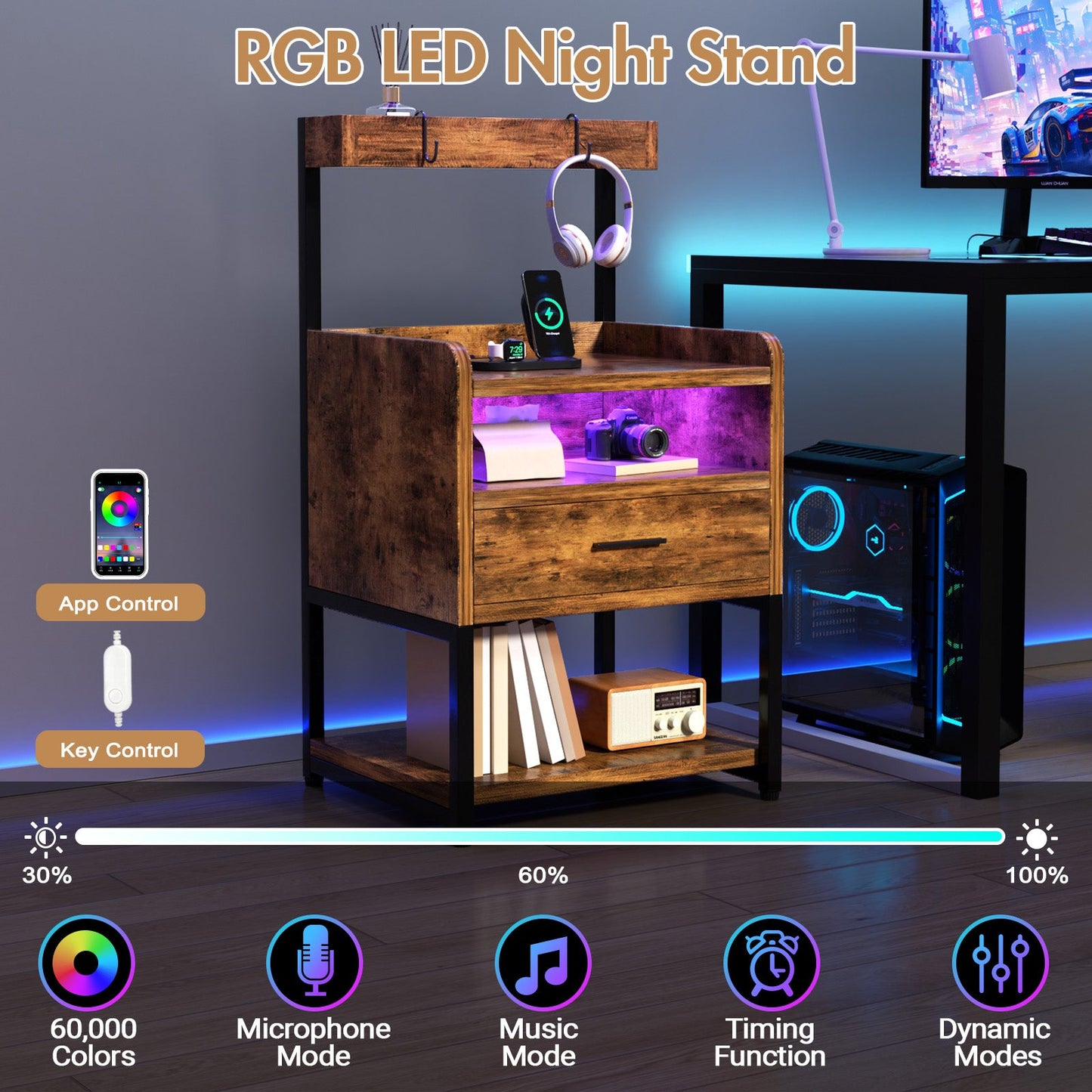Advwin Bedside Table with Charging Station LED Lights