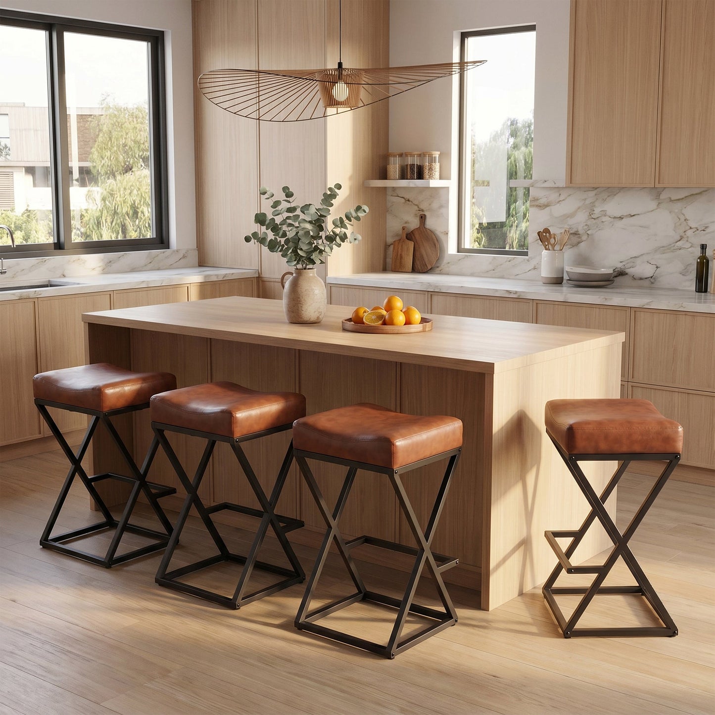 Advwin Set of 4 PU Leather Bar Stools with Footrest