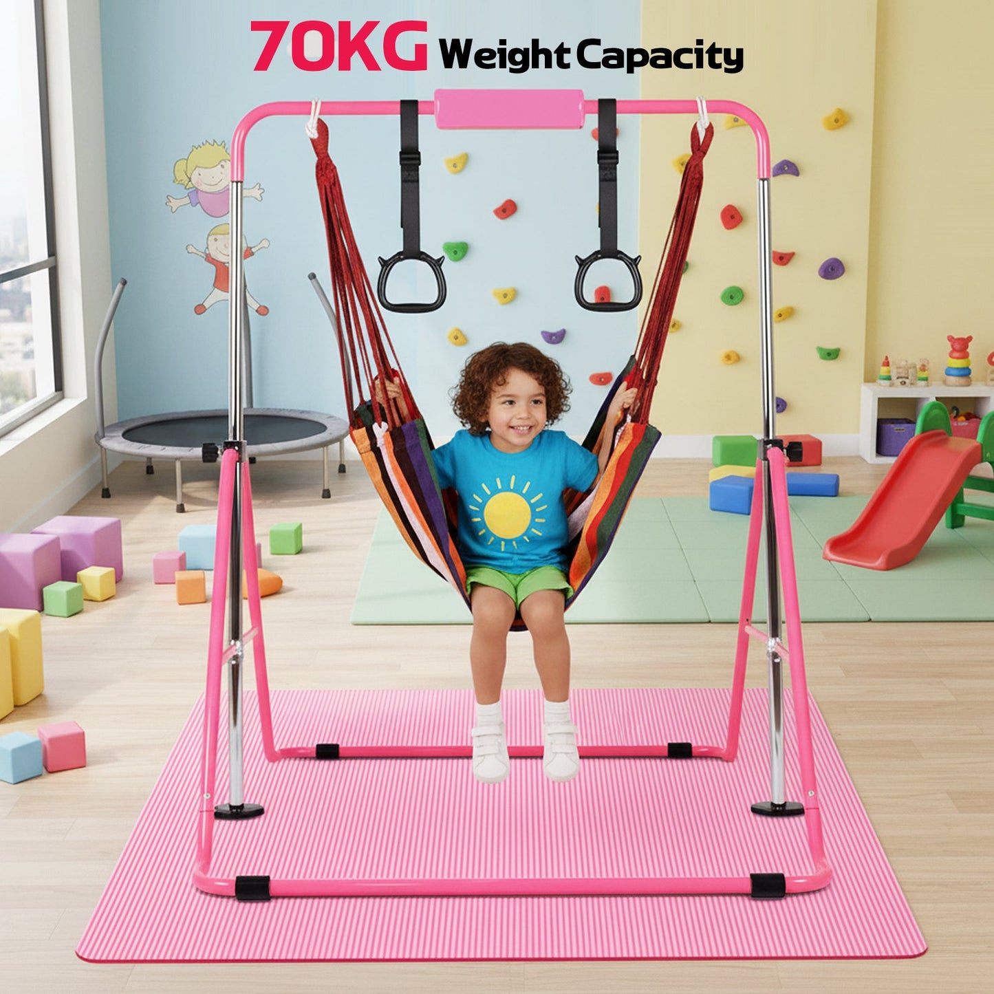 Advwin Pink Kids Gymnastics Bar with Mat Rings Swing