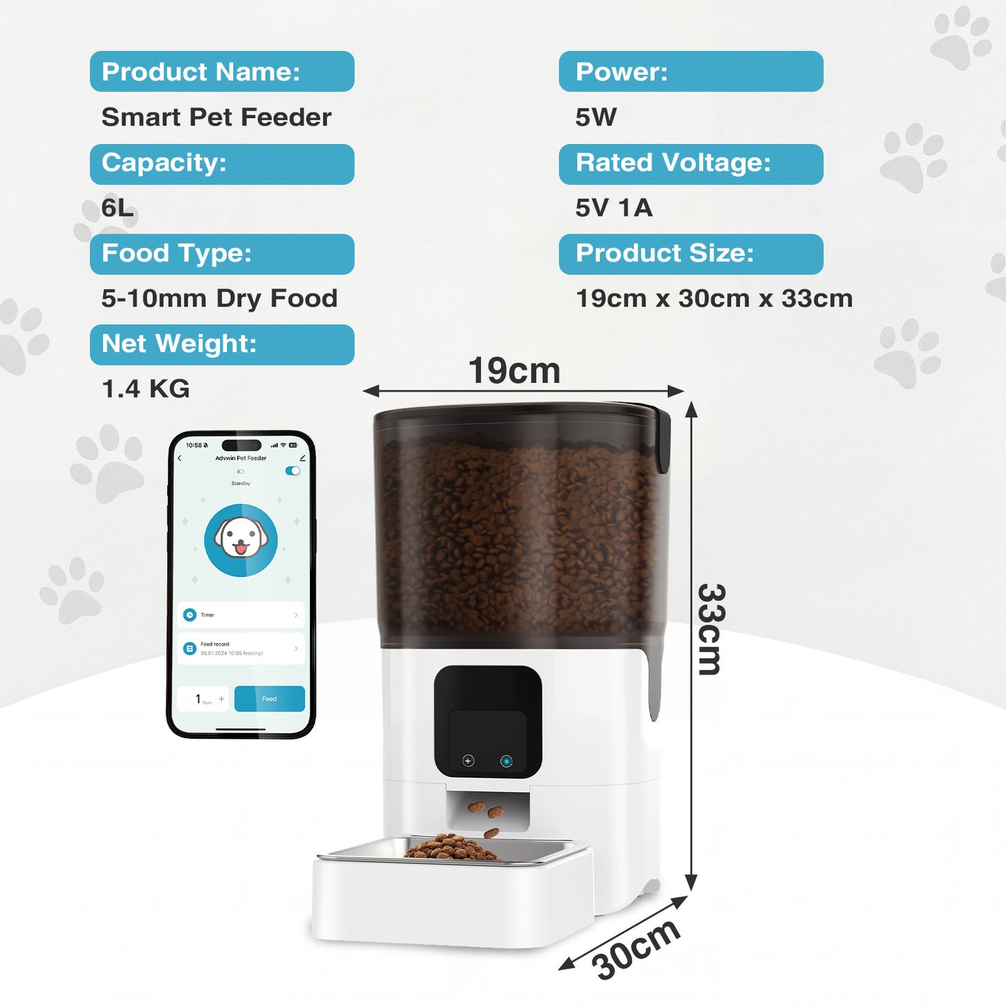 Advwin 6L Automatic Pet Feeder 5G WiFi