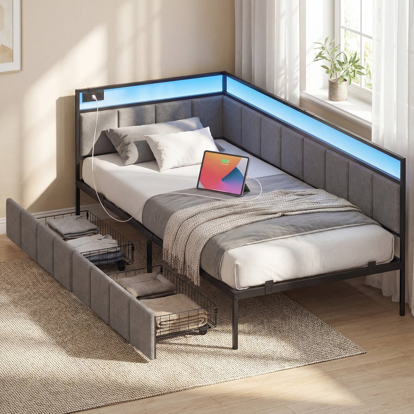 Advwin Corner Single Bed Frame with Charging Station
