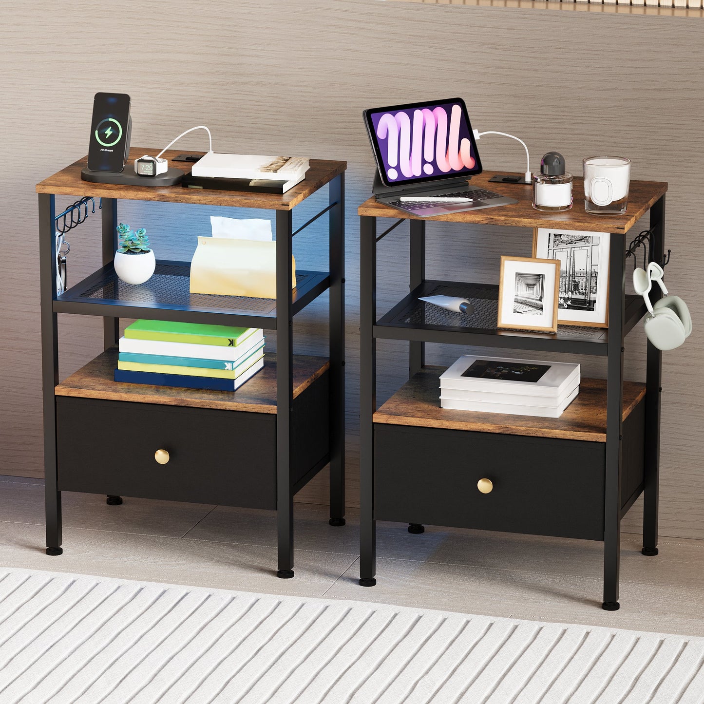 Advwin LED Bedside Tables with Fabric Drawer Set of 2