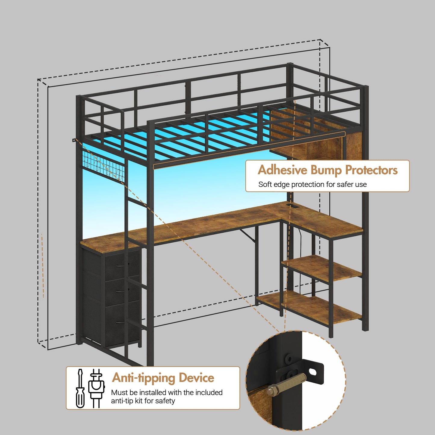 Advwin LED Loft Bed Frame w/ L-Shaped Desk & Charging Station