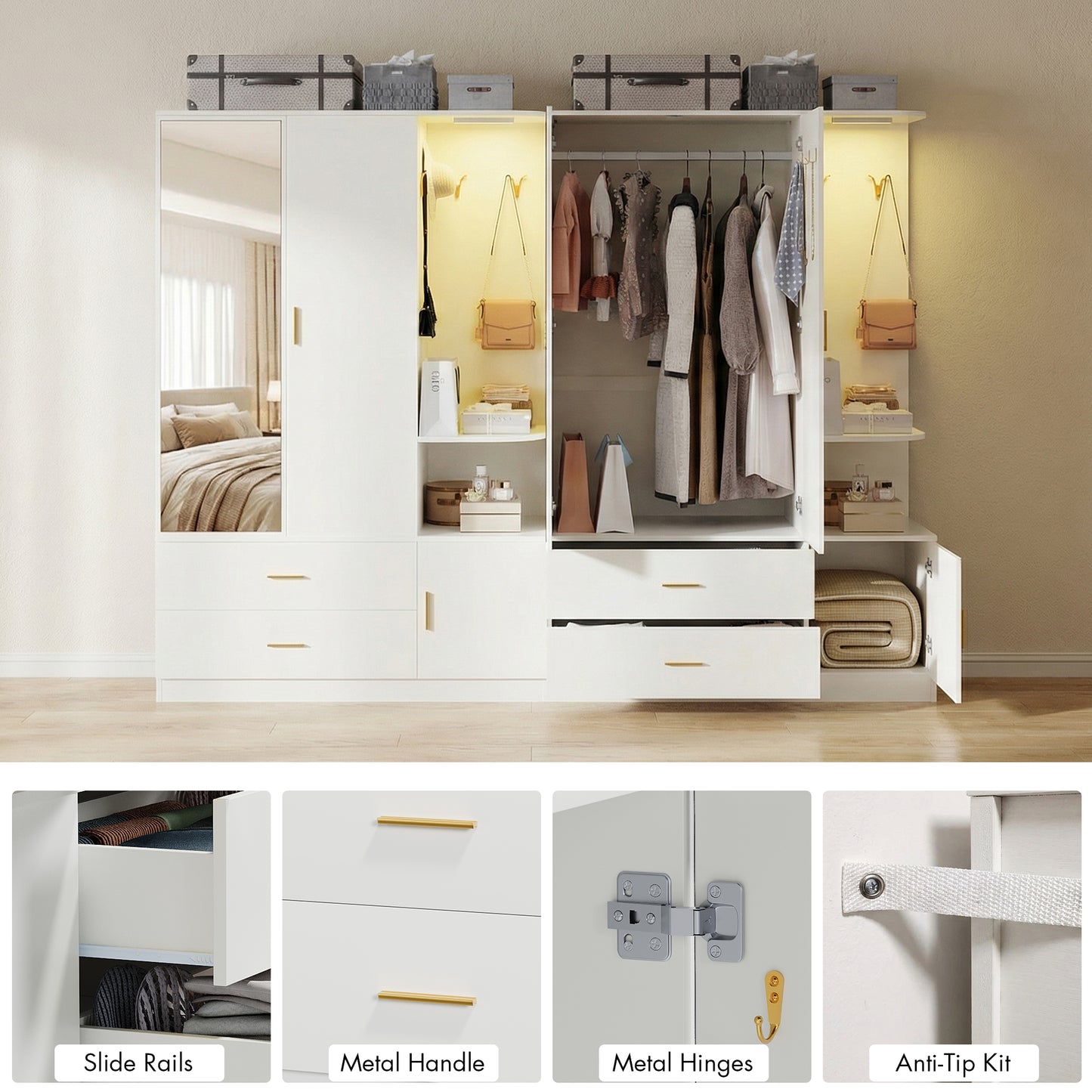Advwin 3 Doors Armoire Wardrobe Closet with Mirror