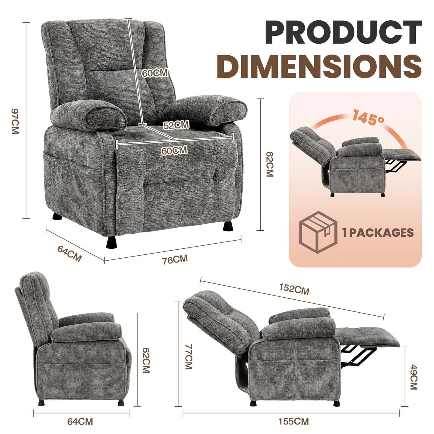 Advwin Recliner Chair Electric Adjustable backrest and footrest Grey