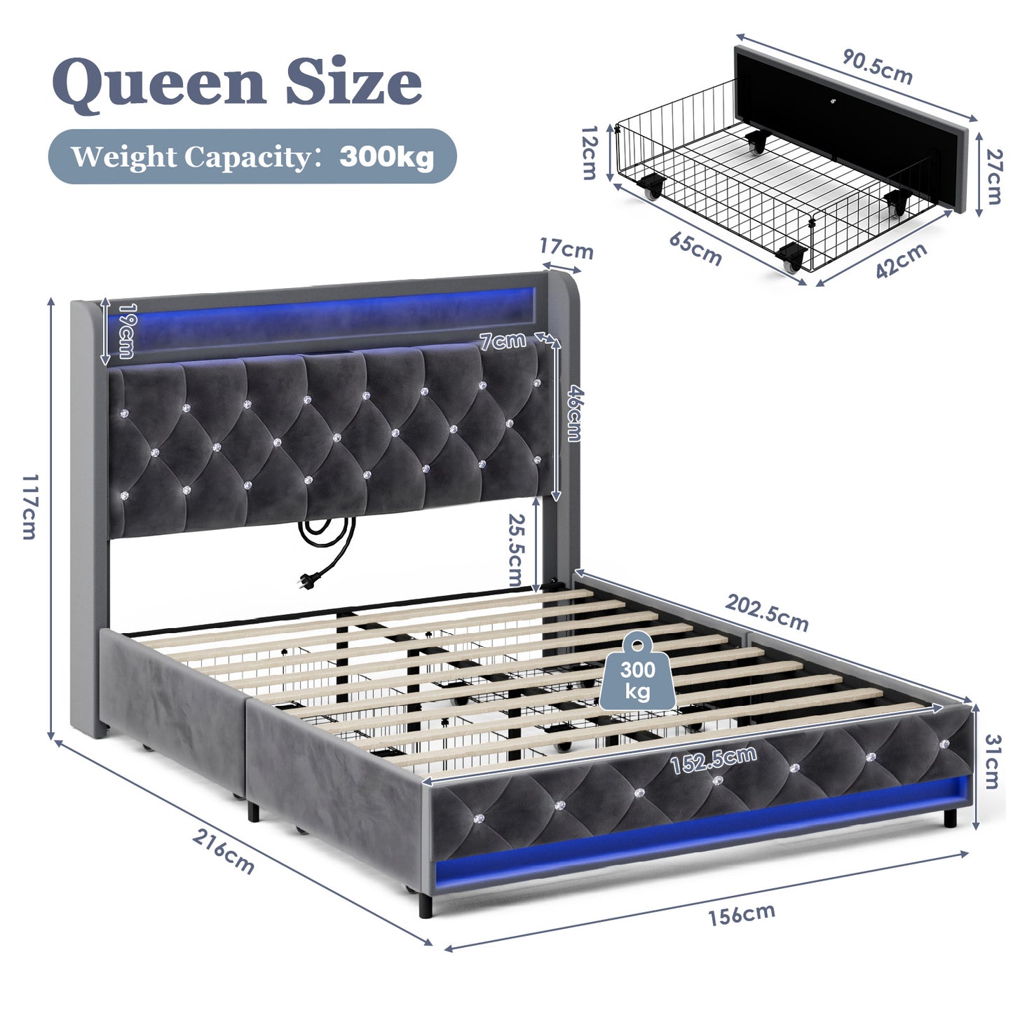 Advwin LED Bed Frame with Velvet Upholstered Headboard