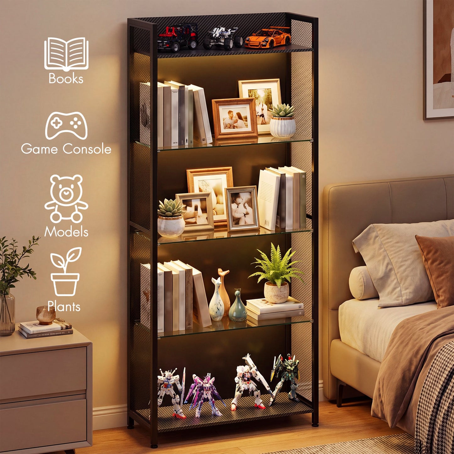 Advwin 5-Tier LED Display Cabinet with Open Shelves
