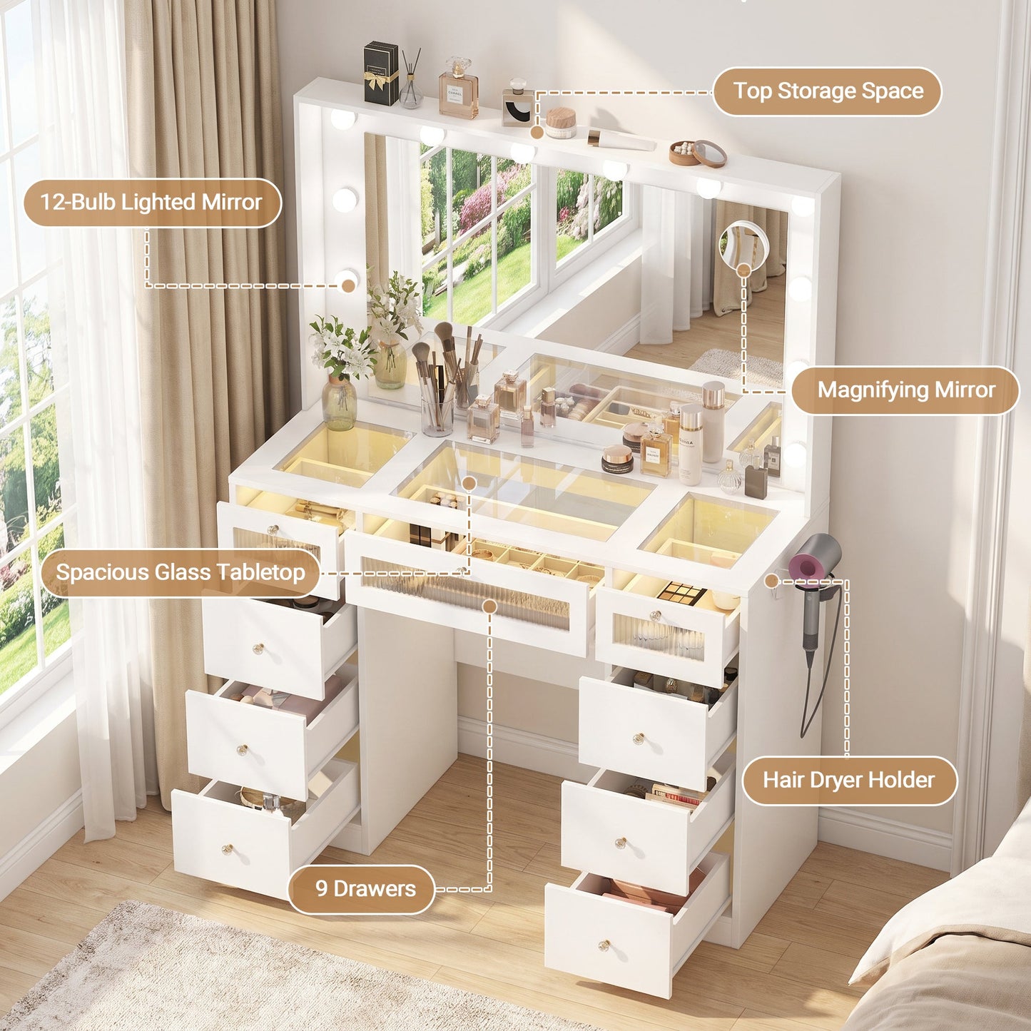 Advwin Makeup Vanity w/ LED Glass Top & Charging Station