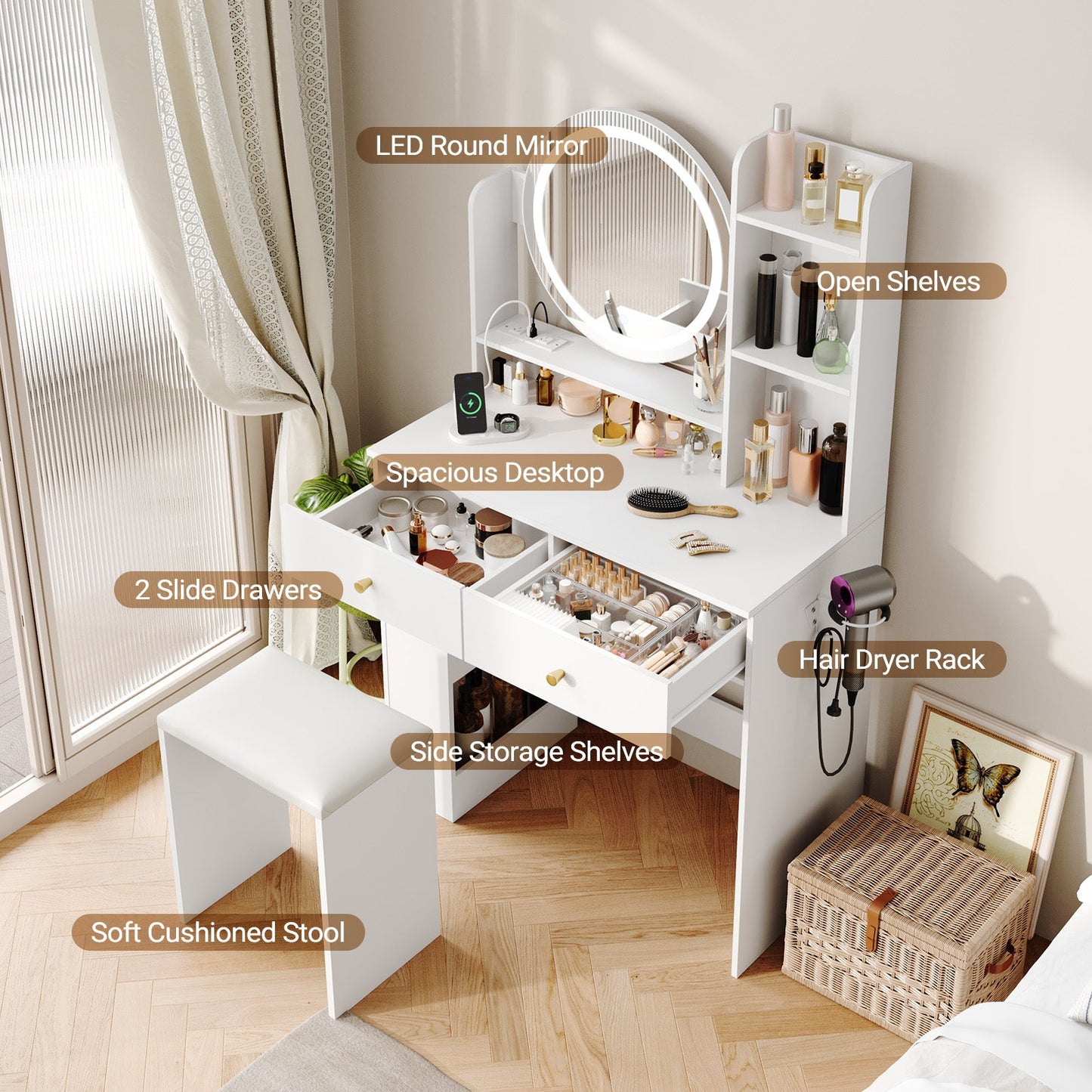Advwin Makeup Vanity Desk with LED Round Mirror