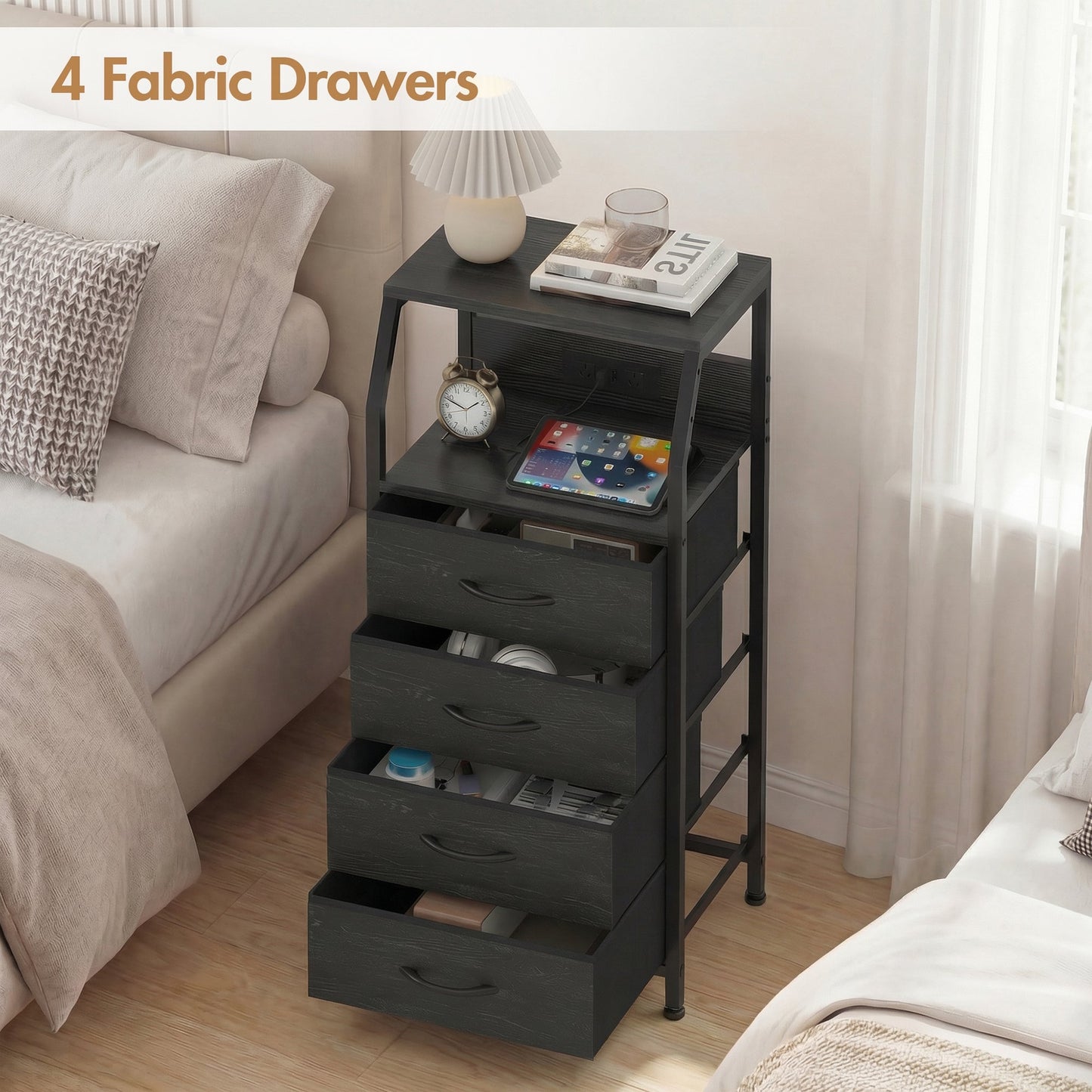 Advwin Bedside Table with 4 Drawers and Charging Station