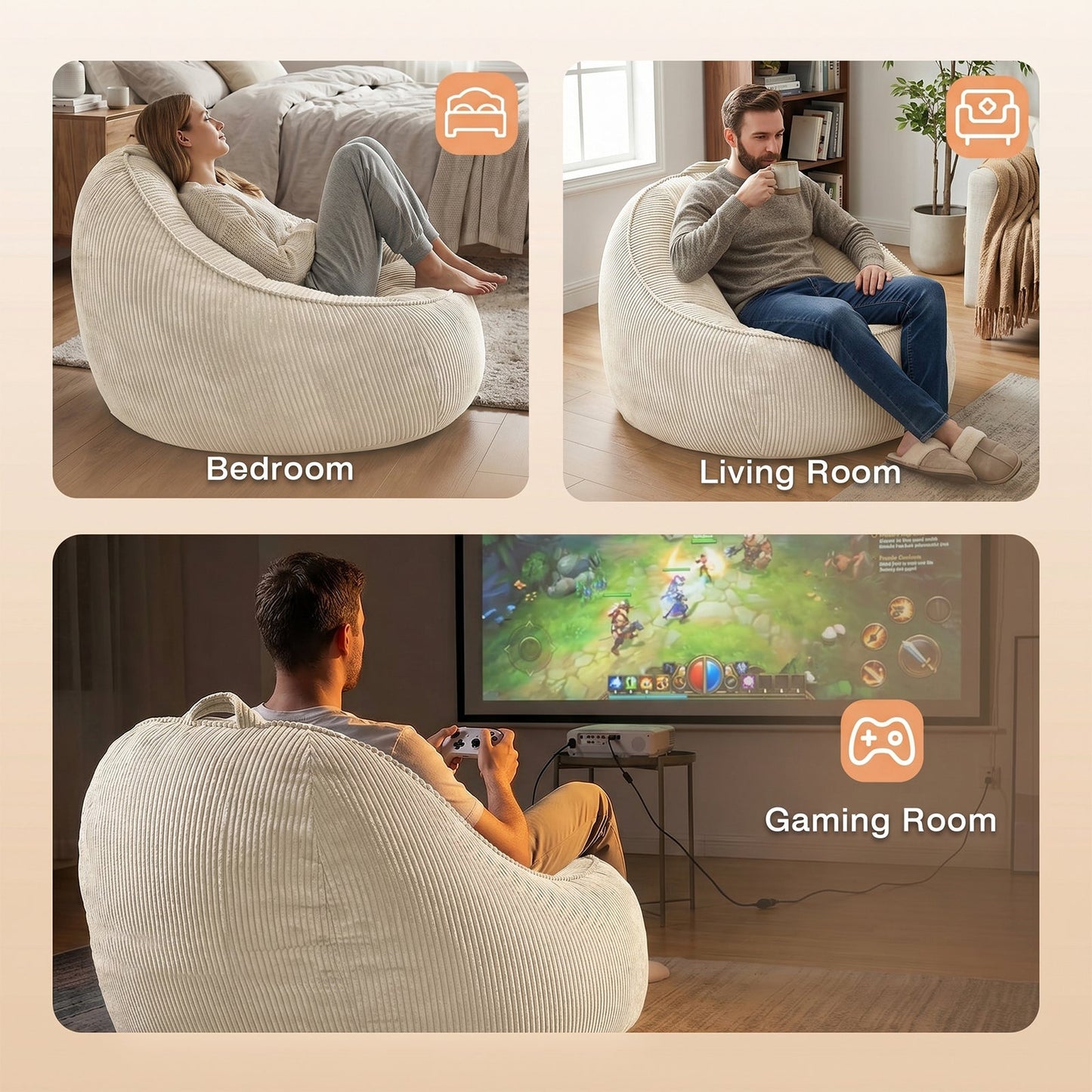 Advwin 90*92cm Corduroy Beanbag Sofa with Backrest