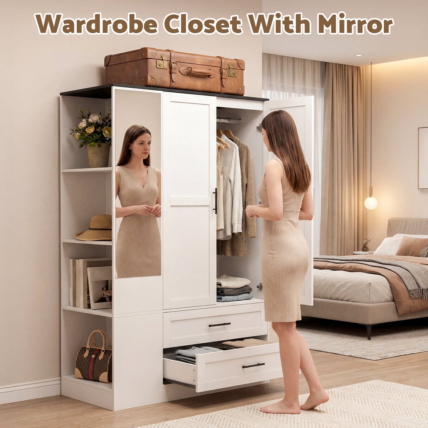 Advwin 2 Doors Armoire Wardrobe Closet with Mirror