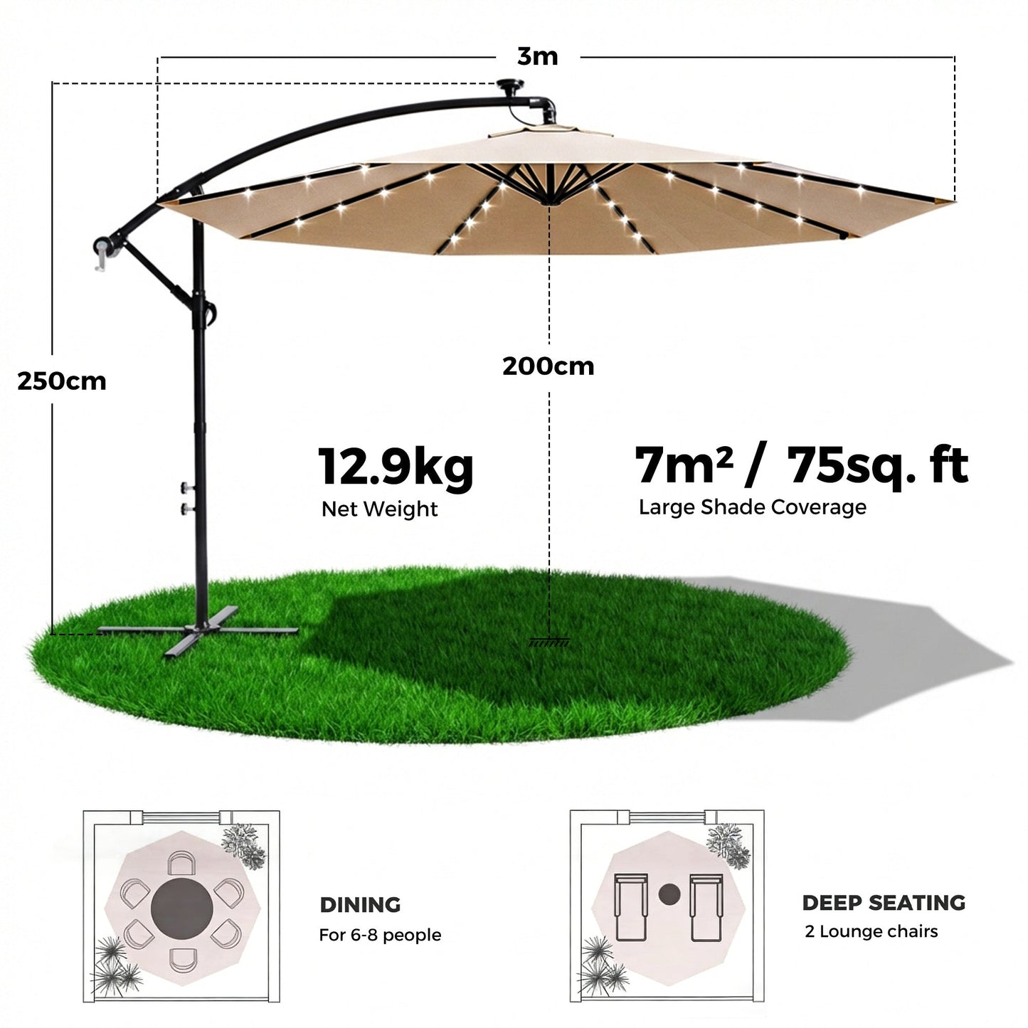Advwin 3m Offset Hanging Cantilever Umbrella - No Base