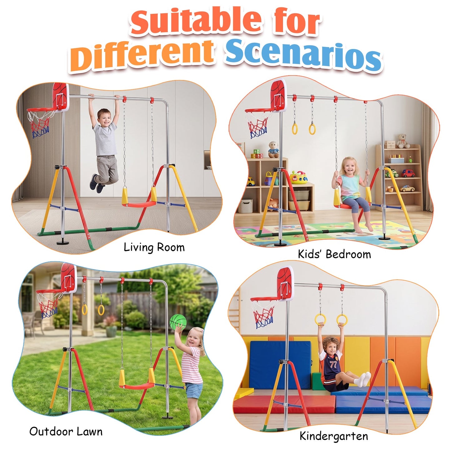 Advwin Kids Foldable Gymnastics Bar with Basketball Hoop & Swing