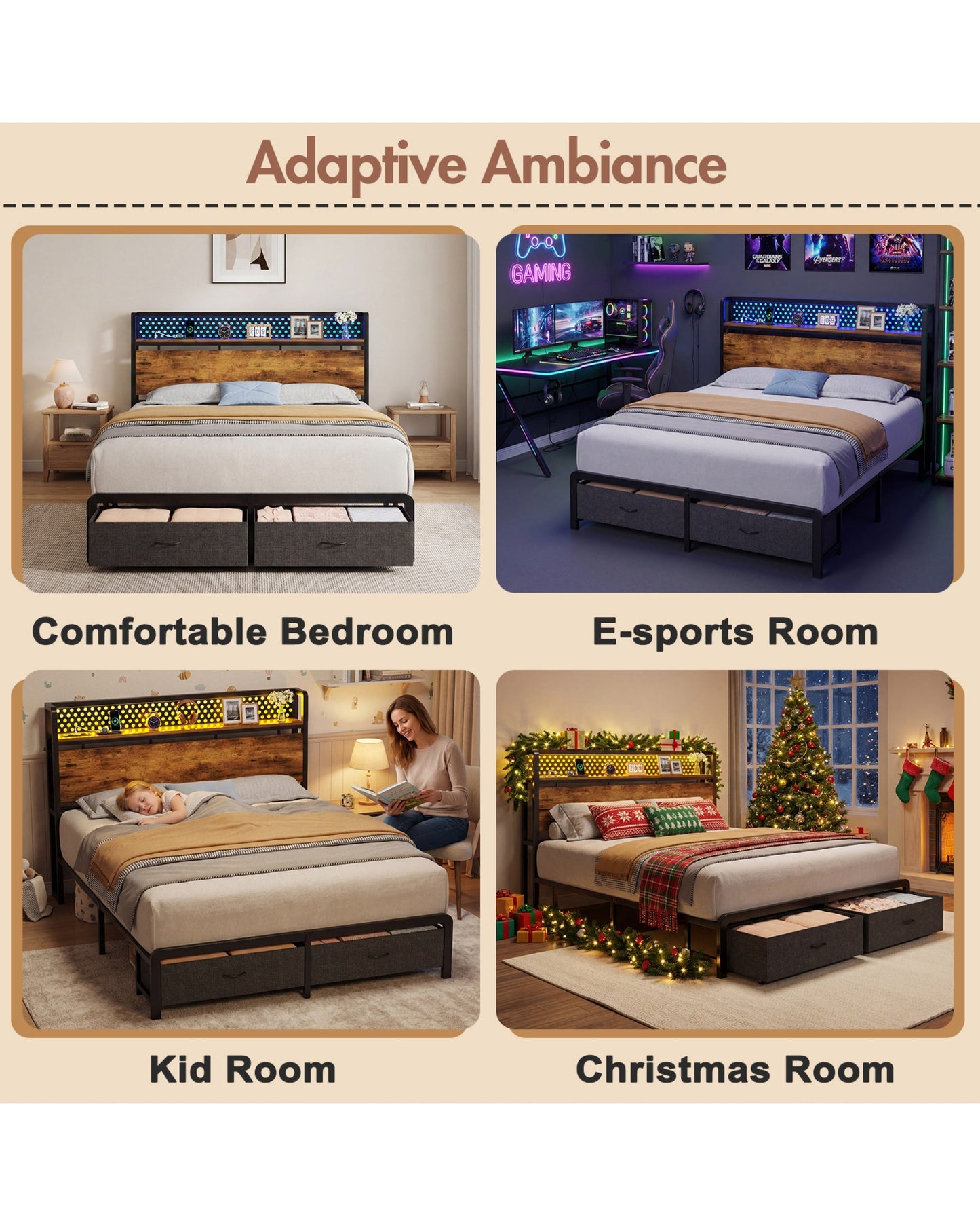 Advwin LED Bed Frame w/ Charging & 2 Drawers
