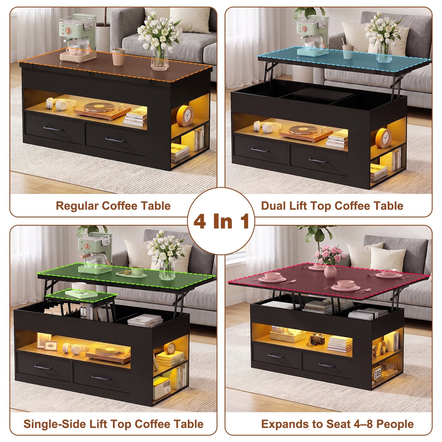Advwin 4-in-1 Lift Top Coffee Table w/ LED Lights & Storage