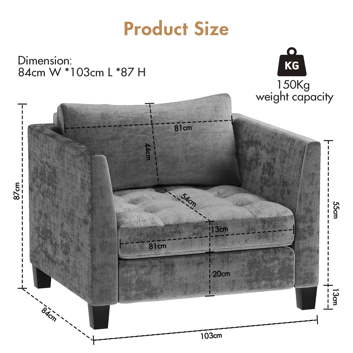 Advwin Modern 1 Seater Sofa Chenille Fabric Armchair