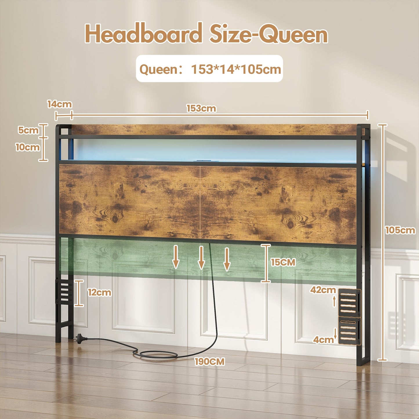 Advwin Storage Headboard with LED Light Charging Station