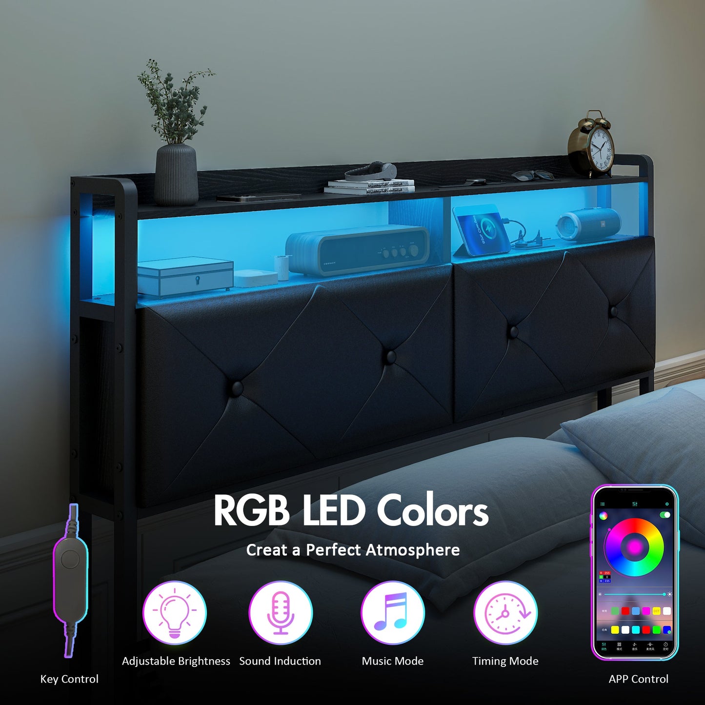 Advwin Headboard with LED Light Charging Station Black