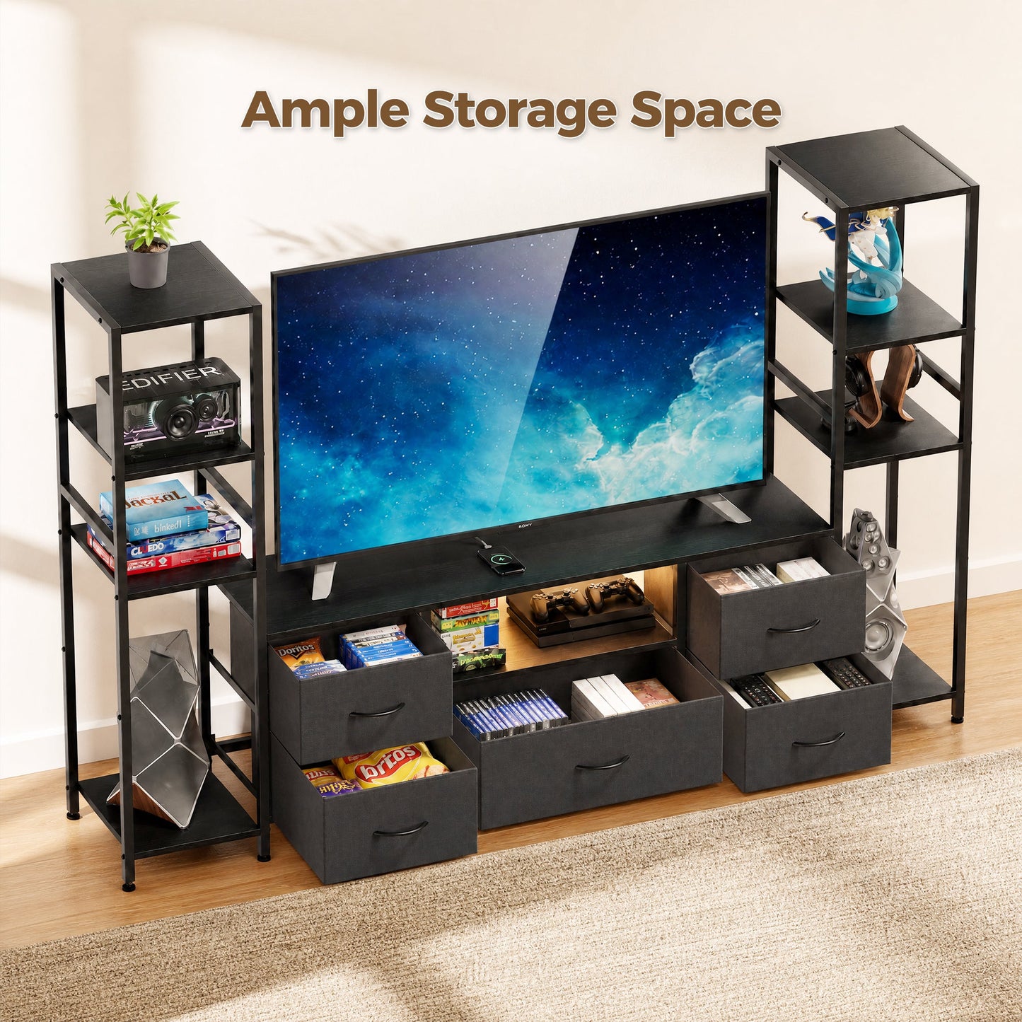 Advwin 185cm TV Stand with Bookshelf & LED Lights