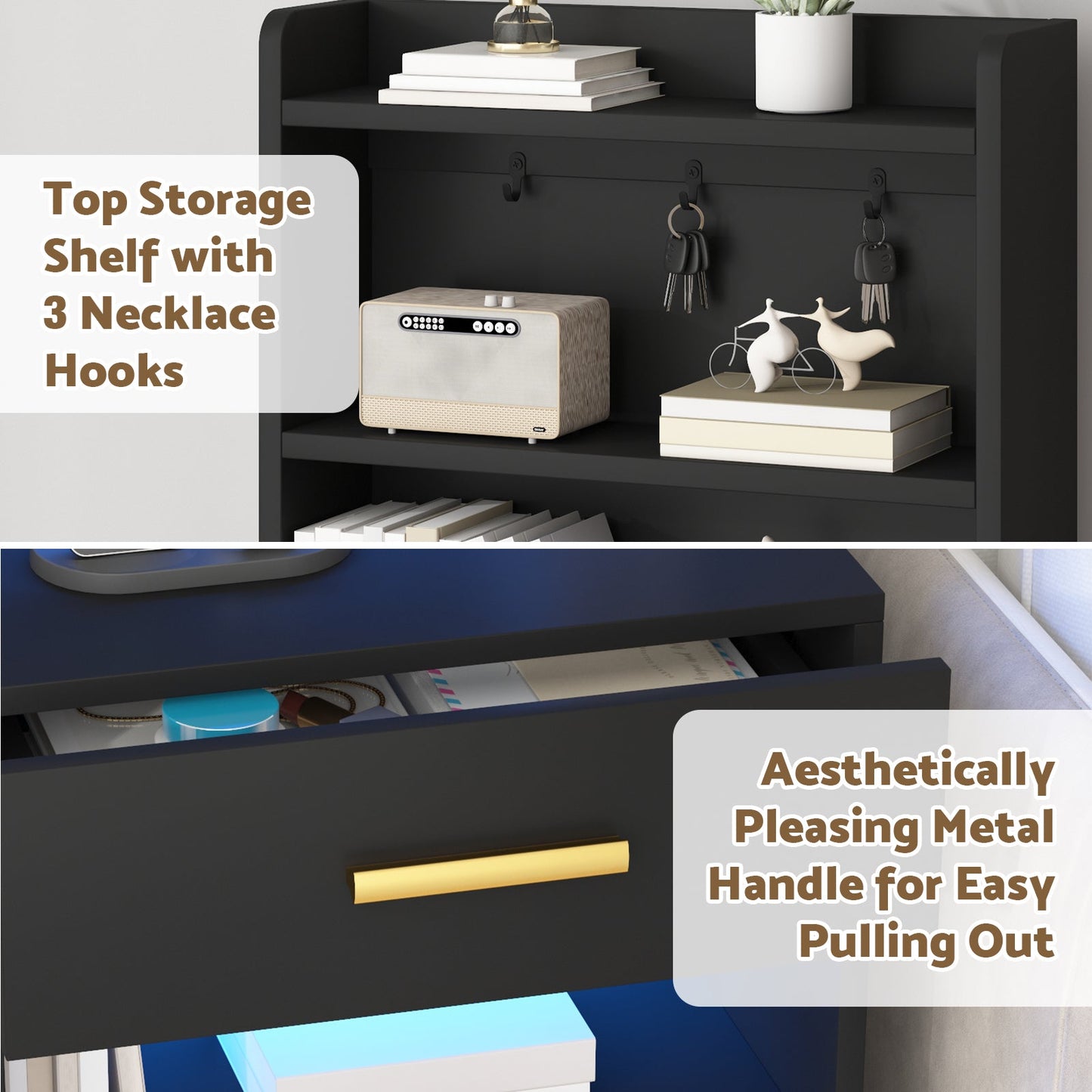 Advwin Set of 2 Tall Bedside Table with Charging Station
