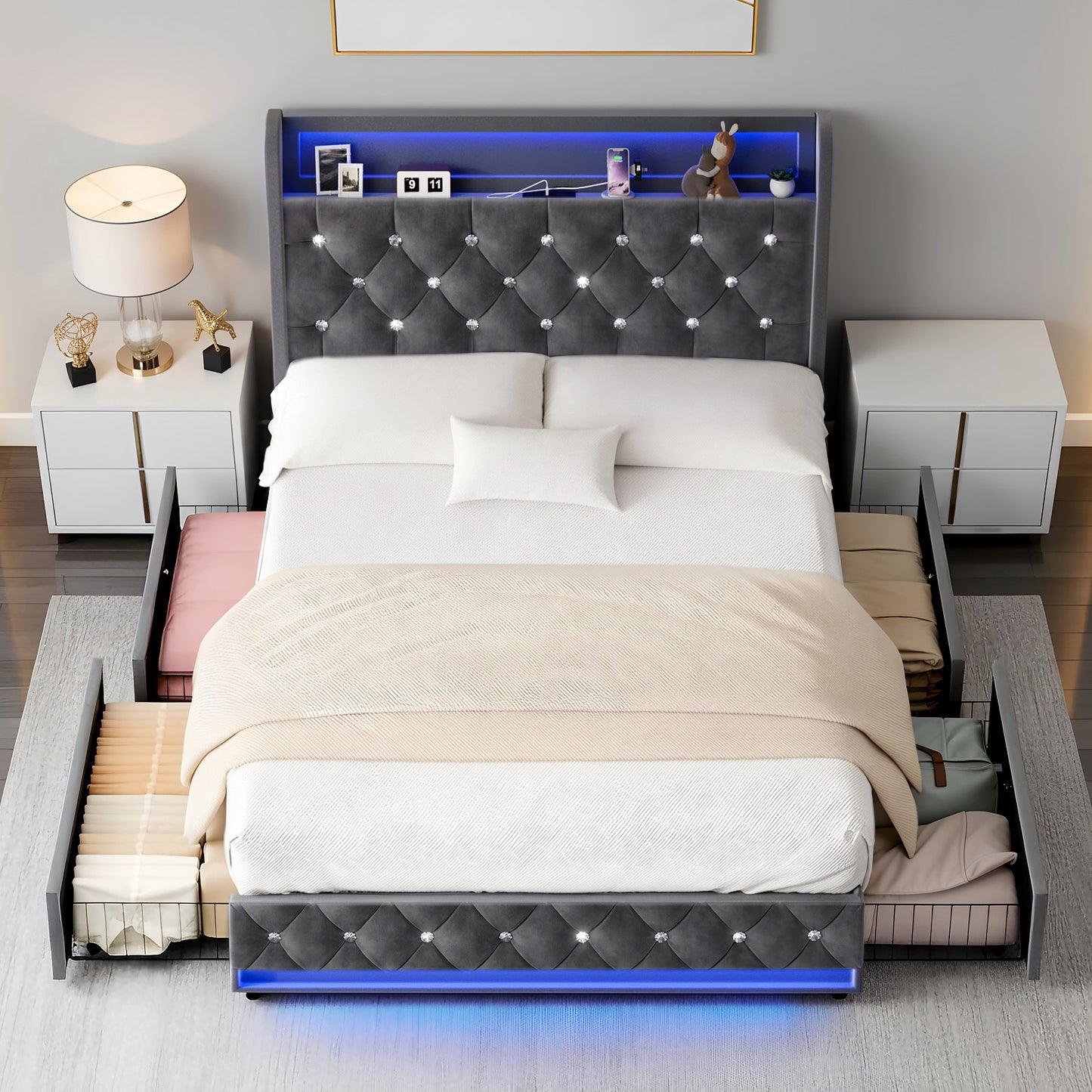Advwin LED Bed Frame with Velvet Upholstered Headboard
