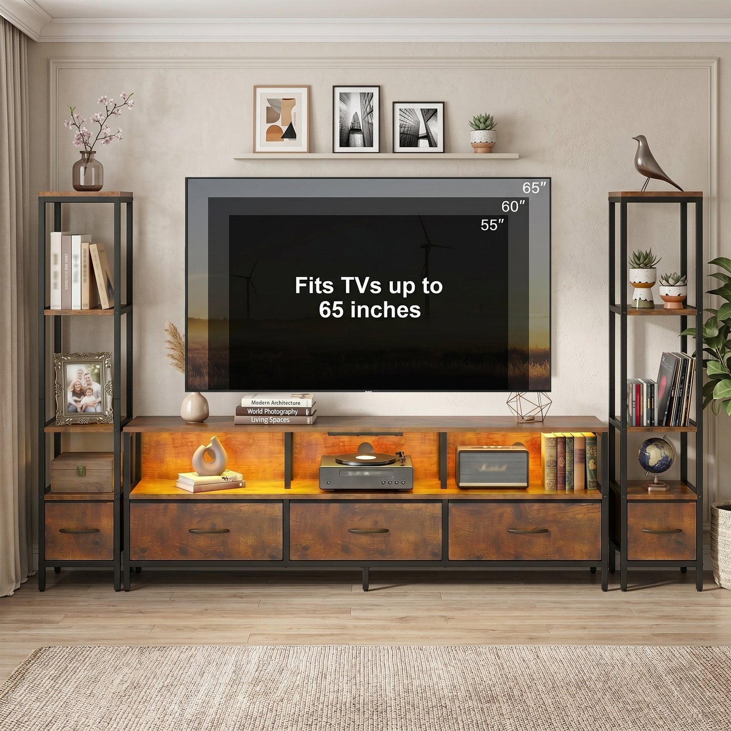Advwin 197cm TV Stand with Bookshelf & LED Lights
