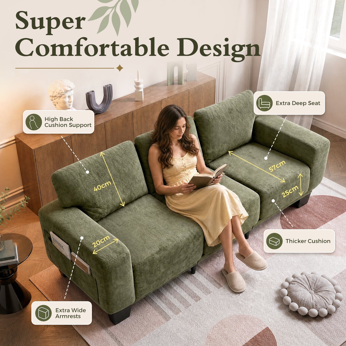 Advwin 3 Seater Sofa with Removable Backrest 225cm