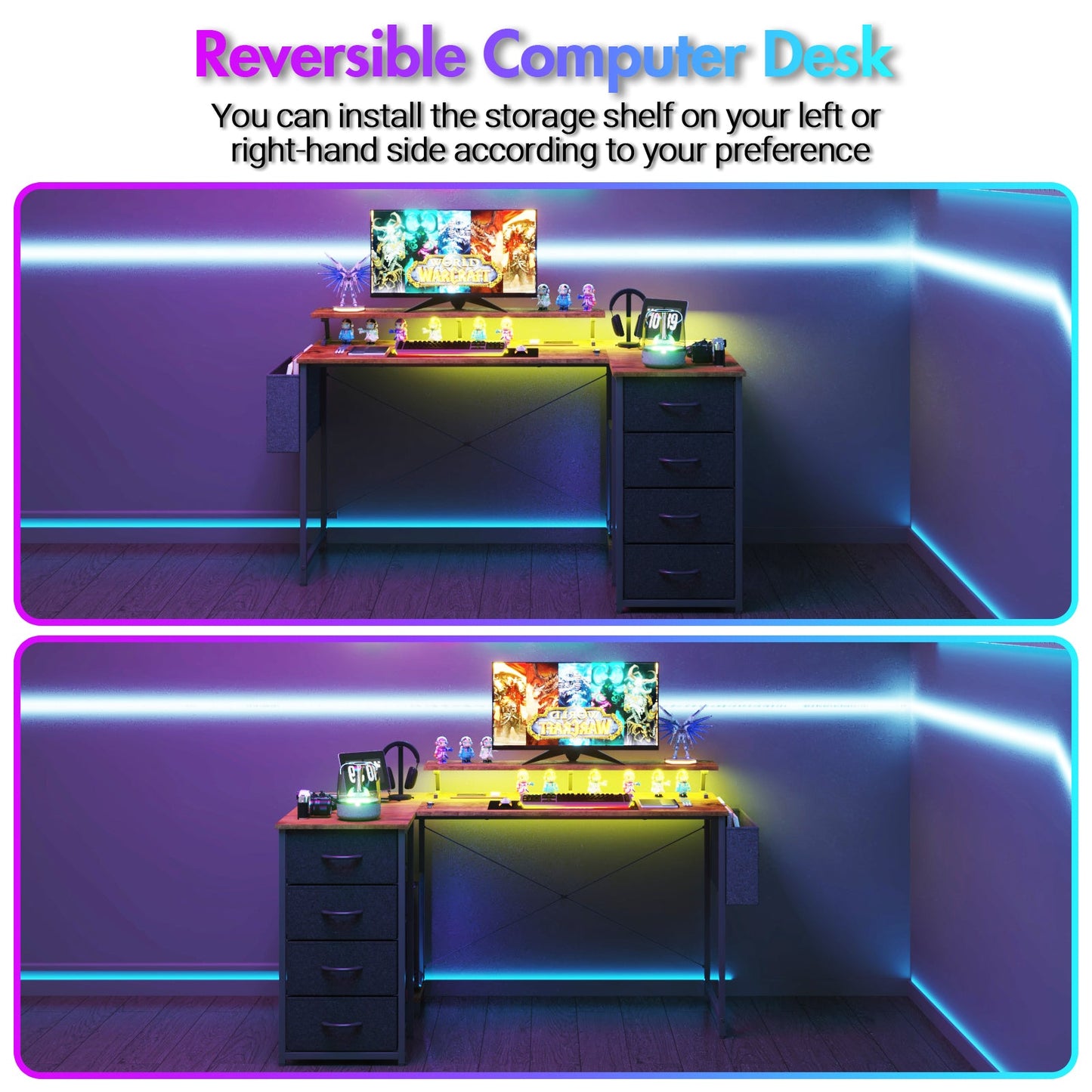 Advwin L Shaped Gaming Desk with LED Lights