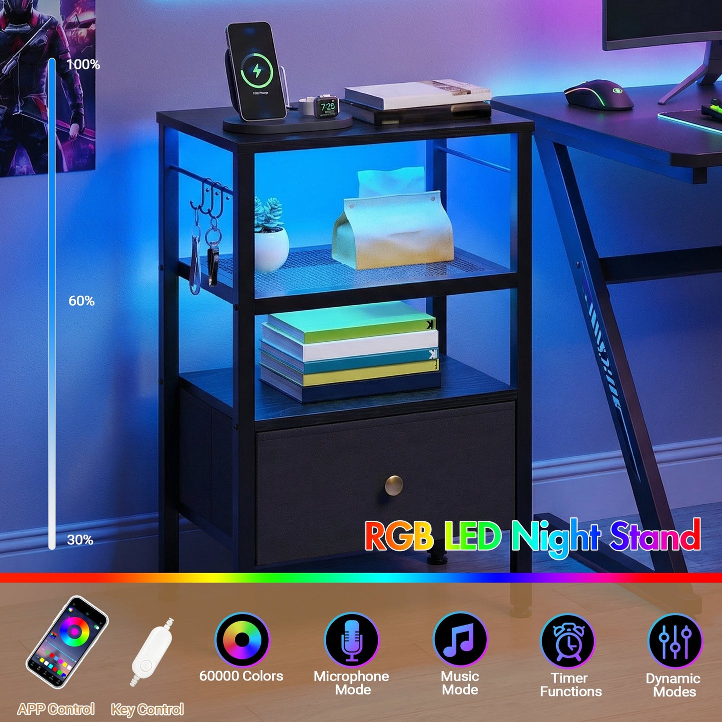 Advwin 3-Tier Bedside Table with Fabric Drawer and Lights