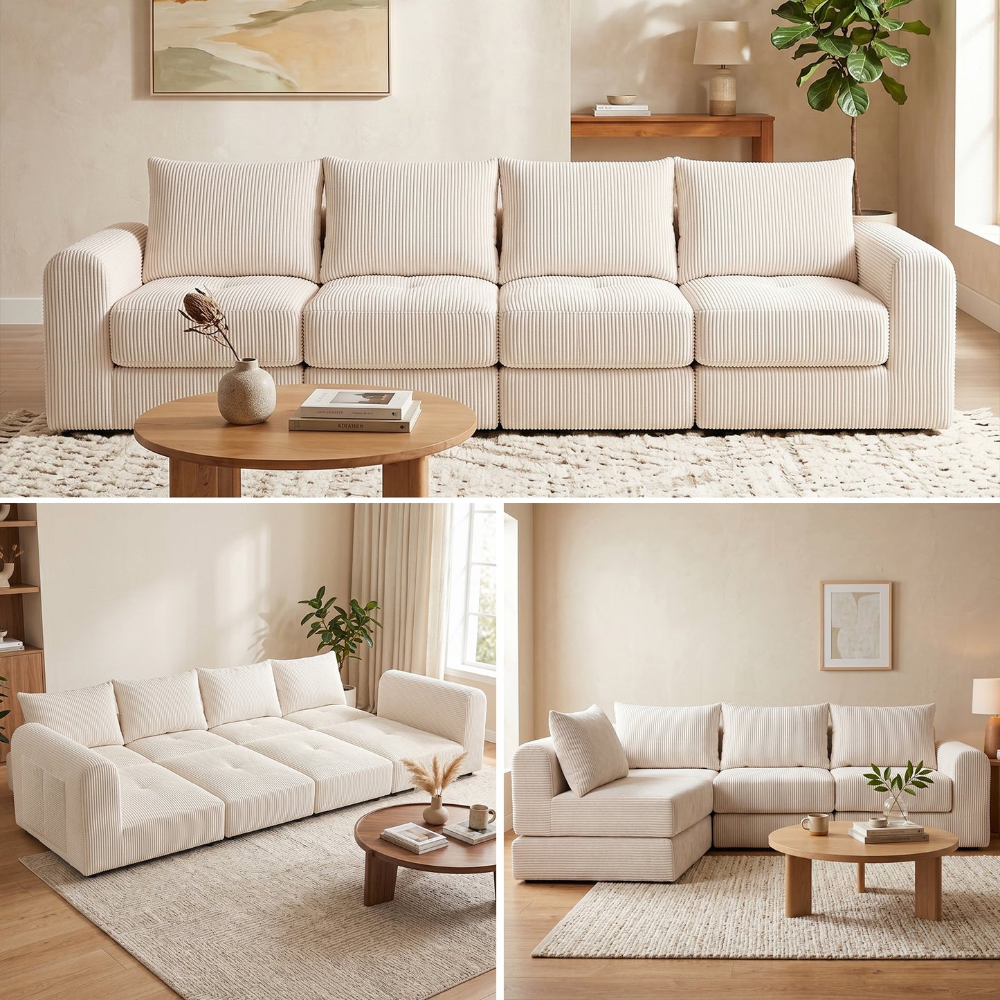 Advwin 300cm Corduroy 4-Seater Modular Sofa Bed