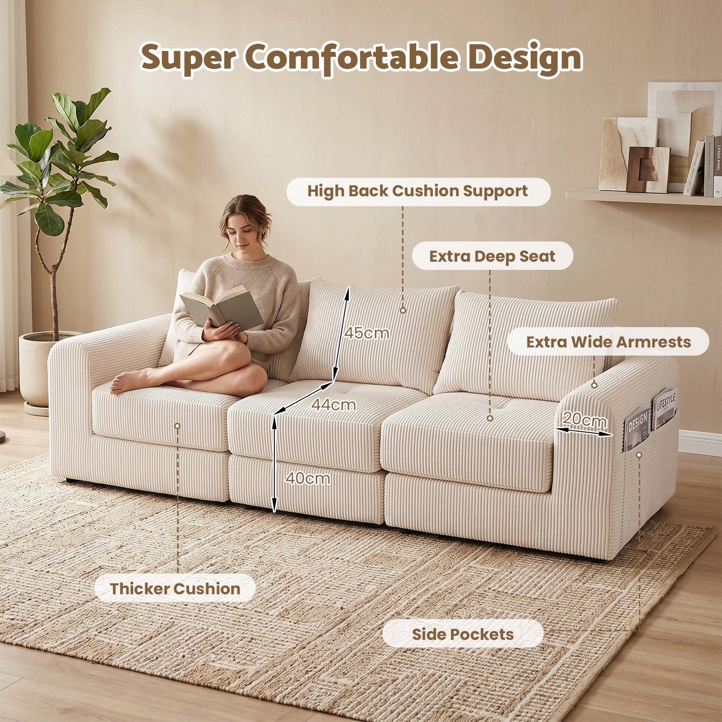 Advwin 235cm Corduroy 3-Seater Modular Sofa Bed