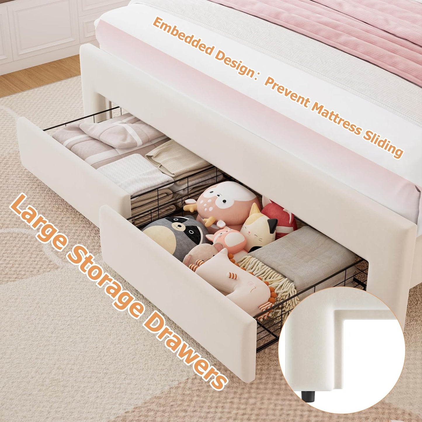 Advwin LED Bed Frame with Adjustable Headboard Beige