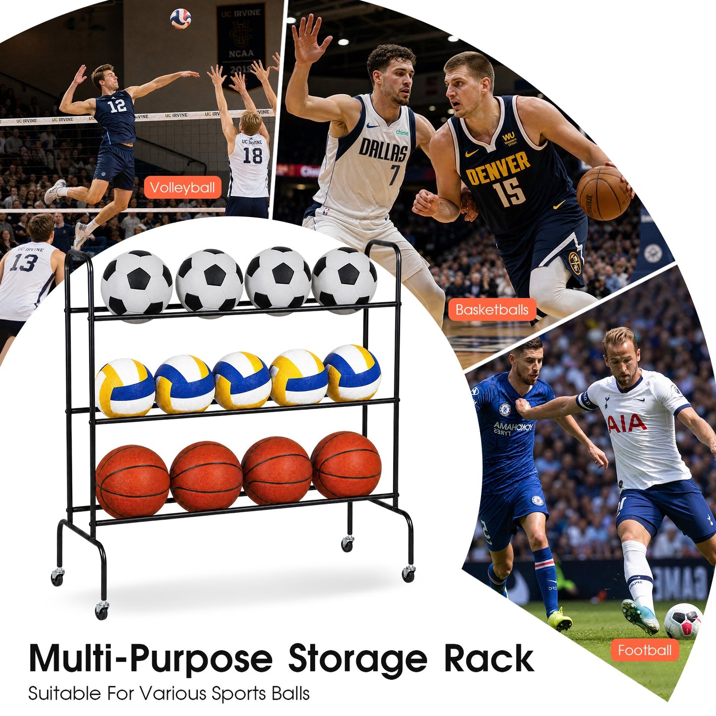 Advwin 3-Tier Basketball Rack Storage Holder w/ Wheels