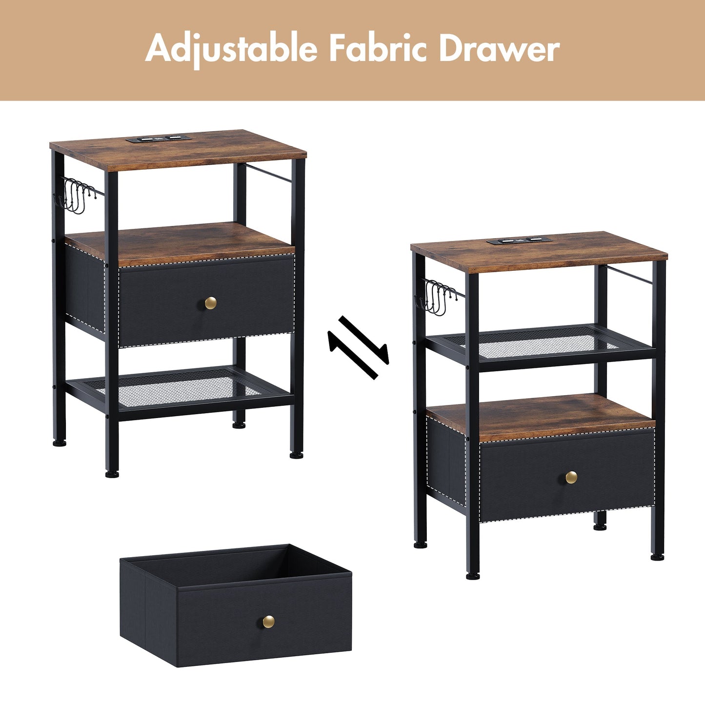 Advwin 3-Tier Bedside Table with Fabric Drawer and Lights