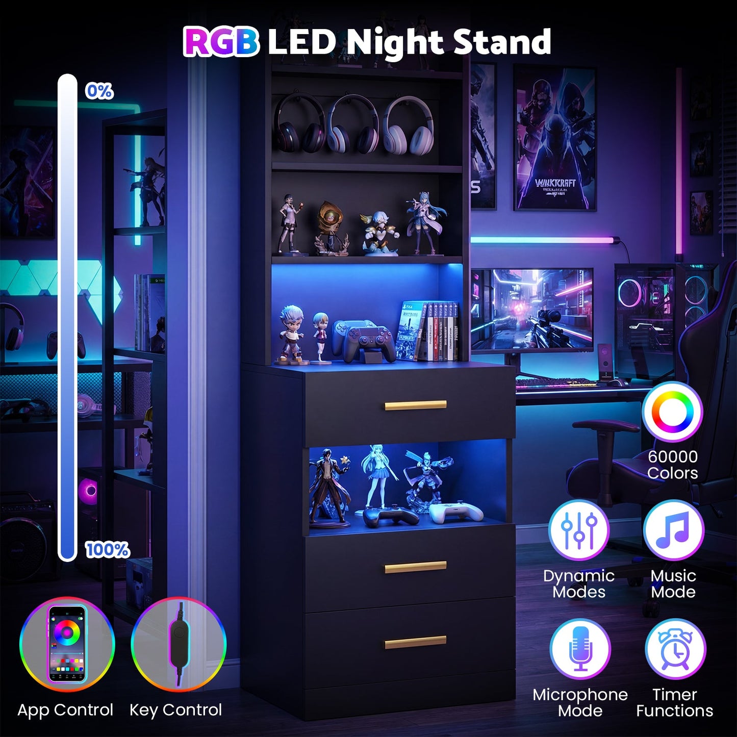 Advwin Tall Bedside Table with Charging Station