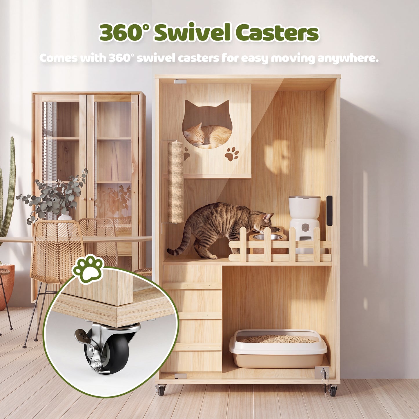 Advwin Large Wooden Cat Enclosure with Wheels & Glass Doors