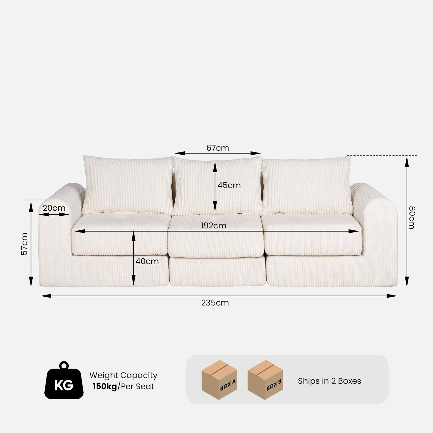 Advwin 235cm Corduroy 3-Seater Modular Sofa Bed