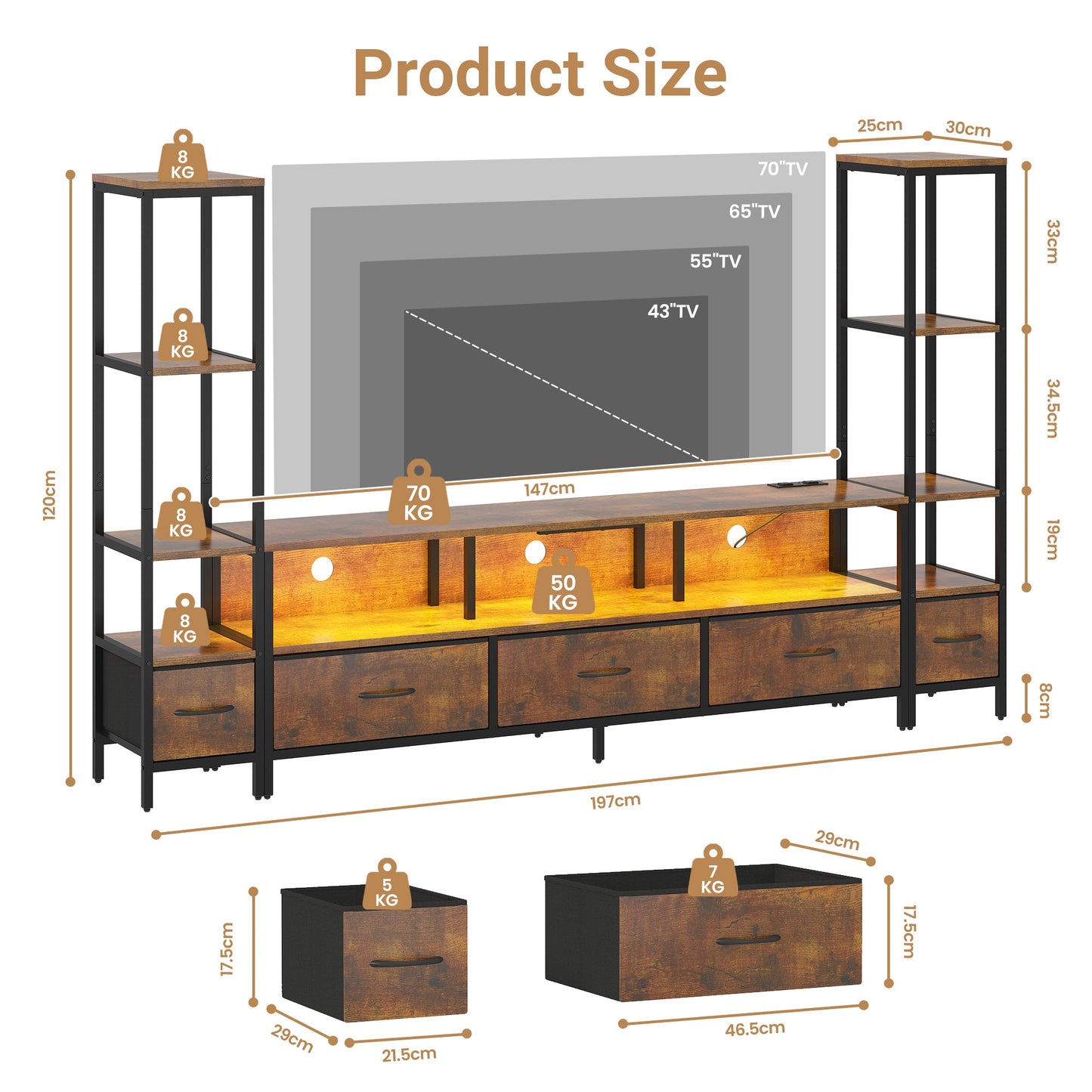 Advwin 197cm TV Stand with Bookshelf & LED Lights