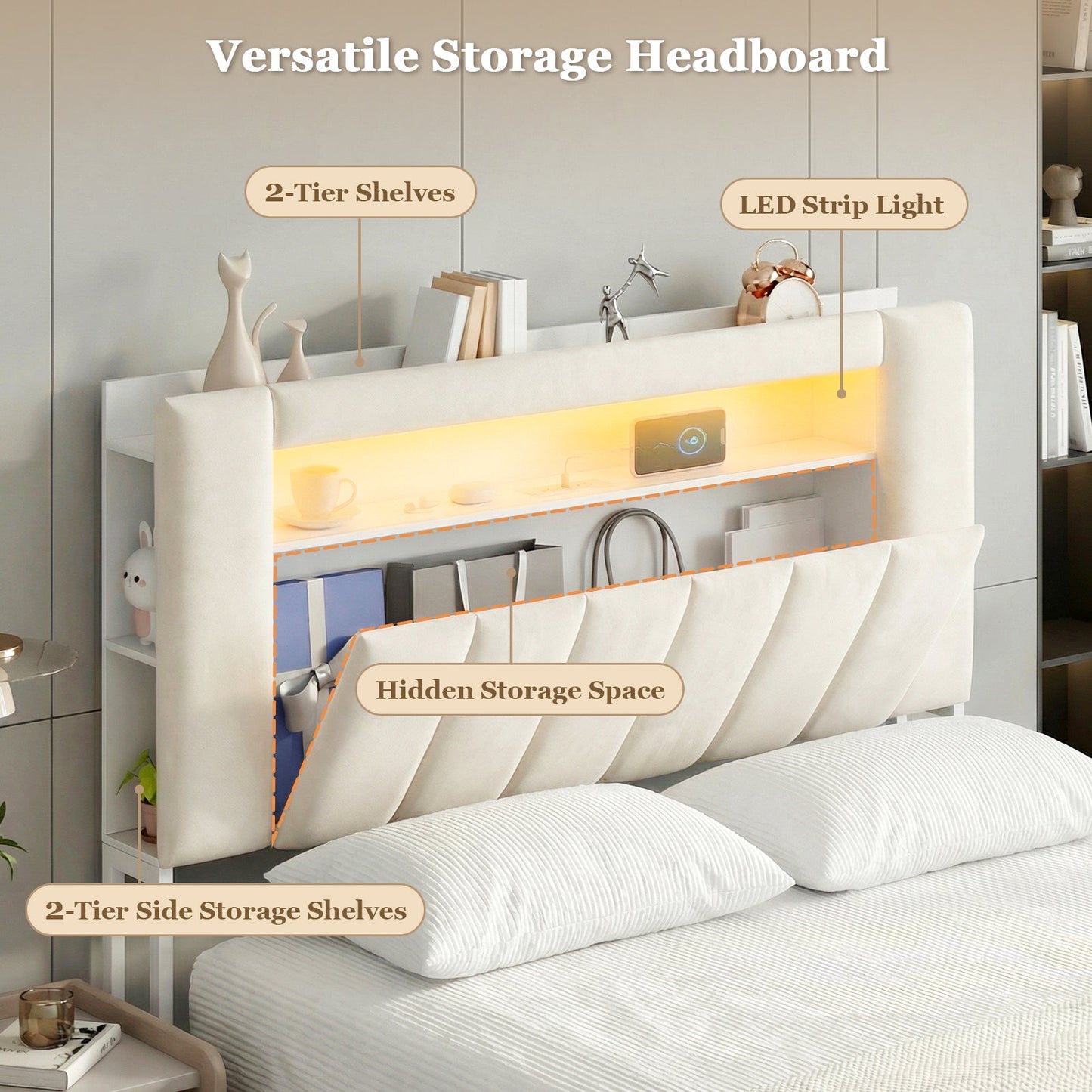 Advwin Bed Frame w/ LED Shelves & Charging Station