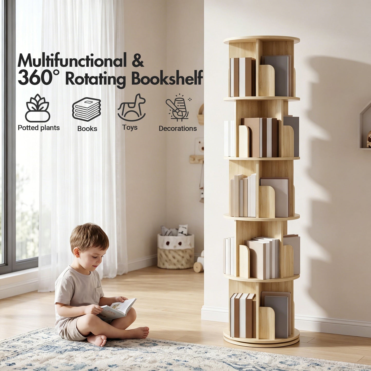Advwin 5 Tier Rotating Bookshelf 360° Spinning Bookcase