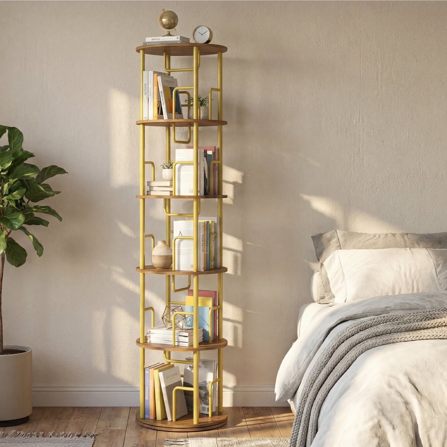 Advwin 5 Tier Rotating Bookshelf Round Corner Organizer