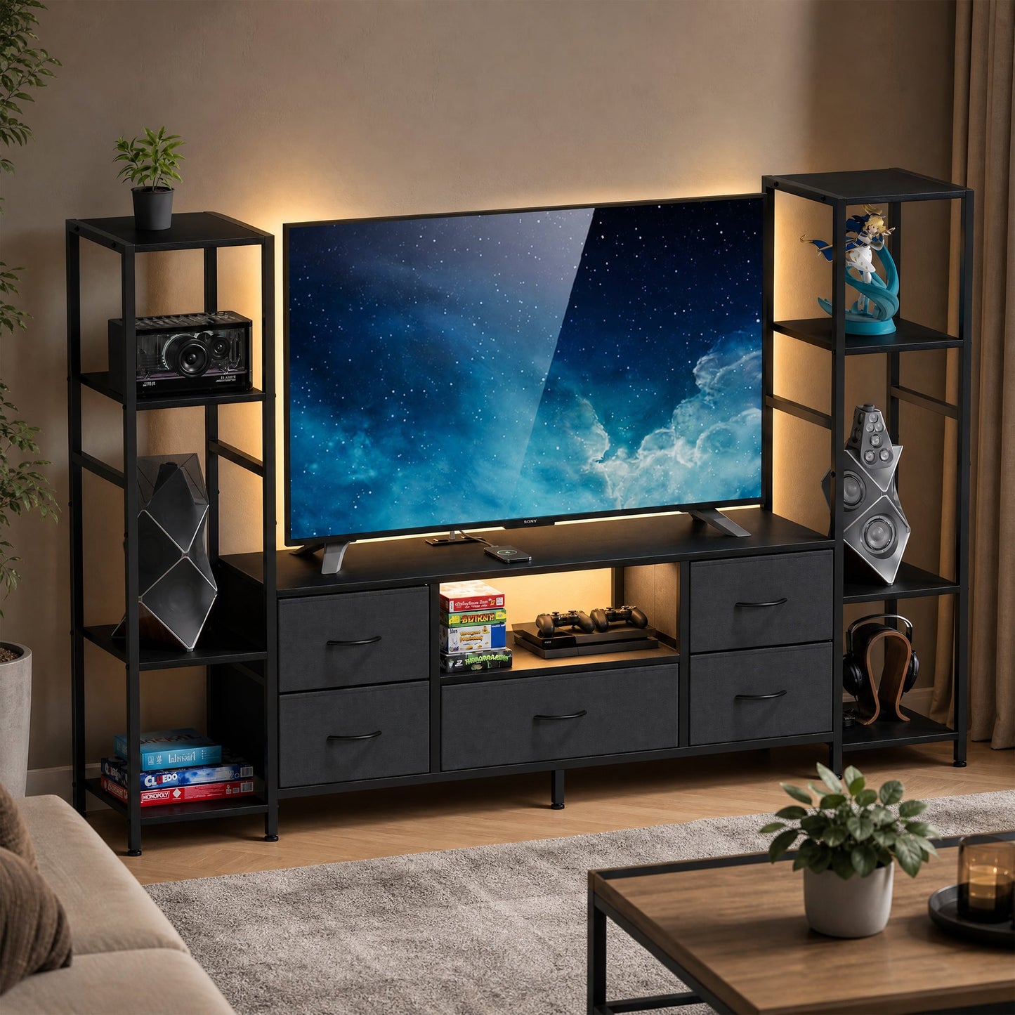 Advwin 185cm TV Stand with Bookshelf & LED Lights