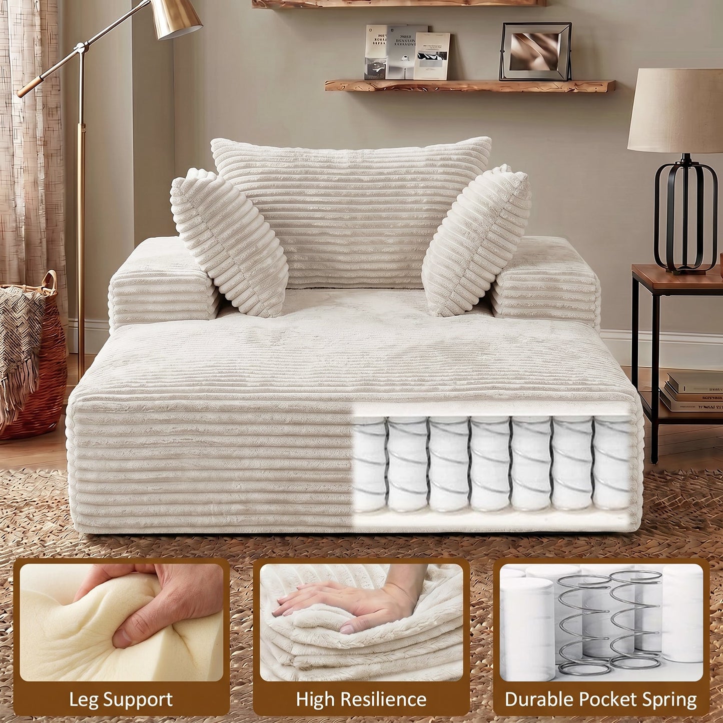Advwin 132cm Corduroy Chaise Lounge Chair with Cushion
