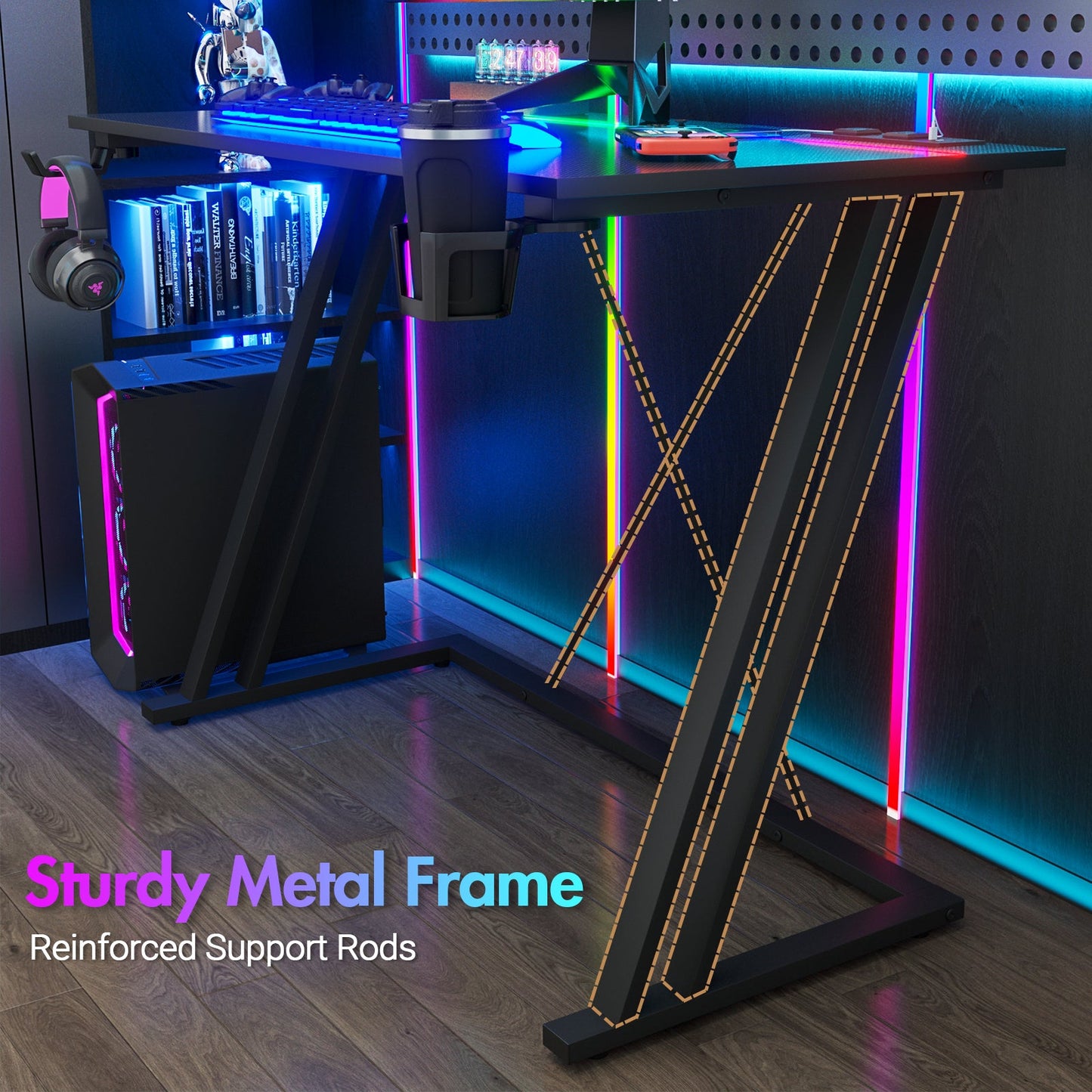 Advwin Gaming Desk Built-in LED Lights & Power Outlets