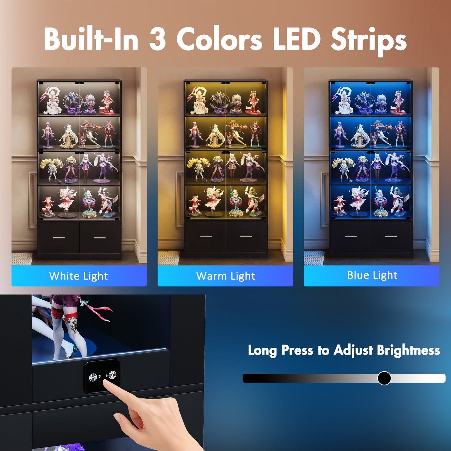 Advwin 4 Tier Glass Display Cabinet LED Storage Bookshelf